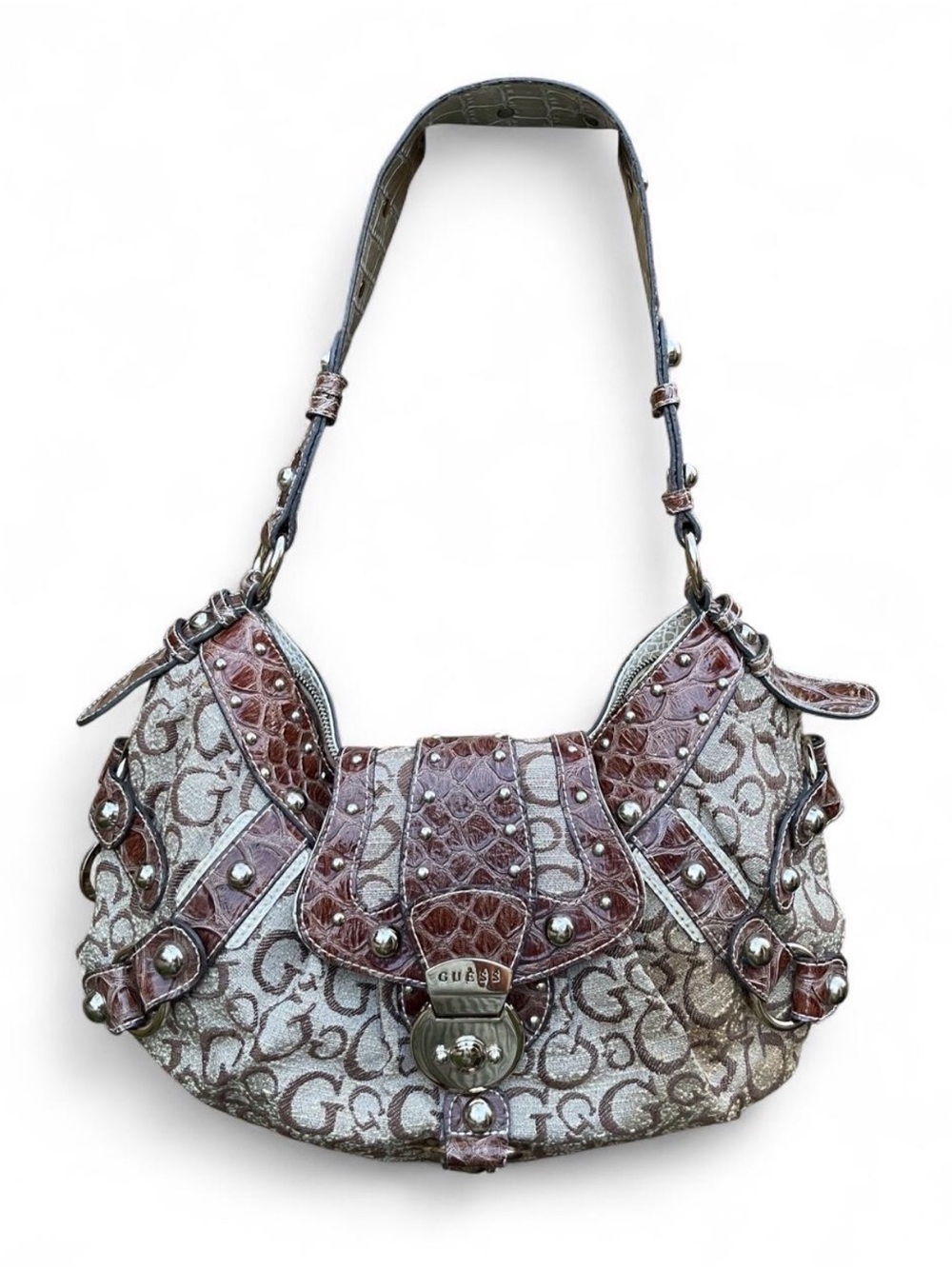 Y2K RARE Vintage Guess Handbag in Brown Jacquard and Croc-Embossed Leather